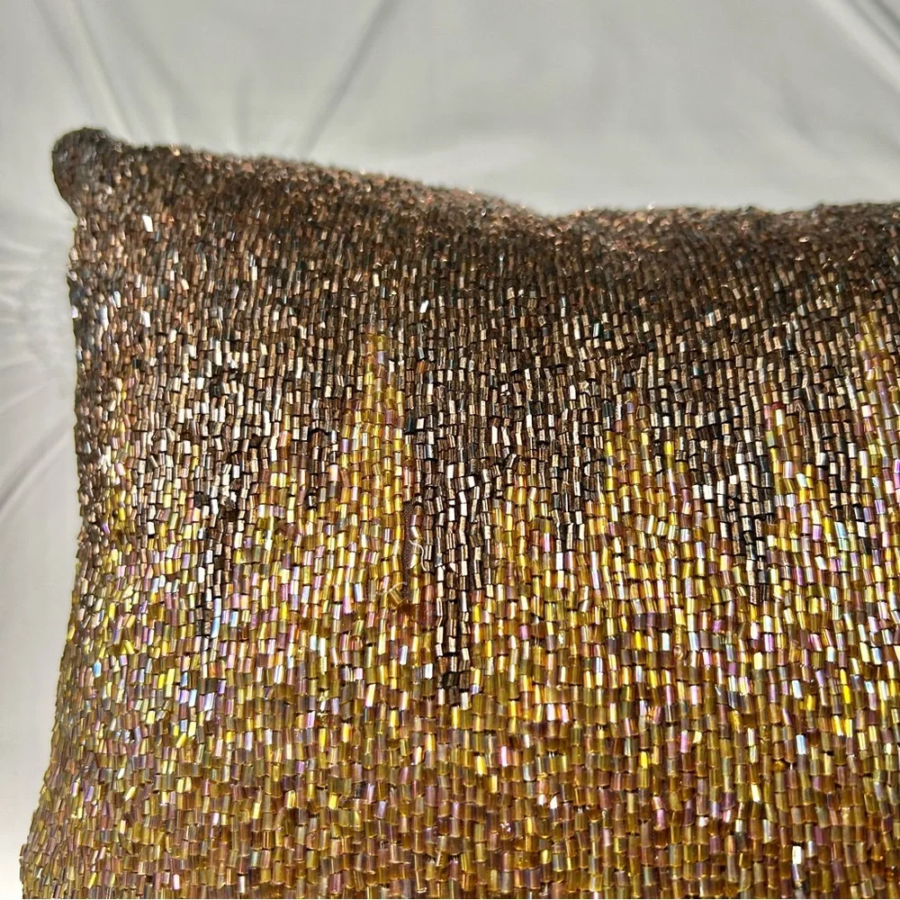 Pier 1 Gold & Brown Beaded Decorative Pillow 12x12